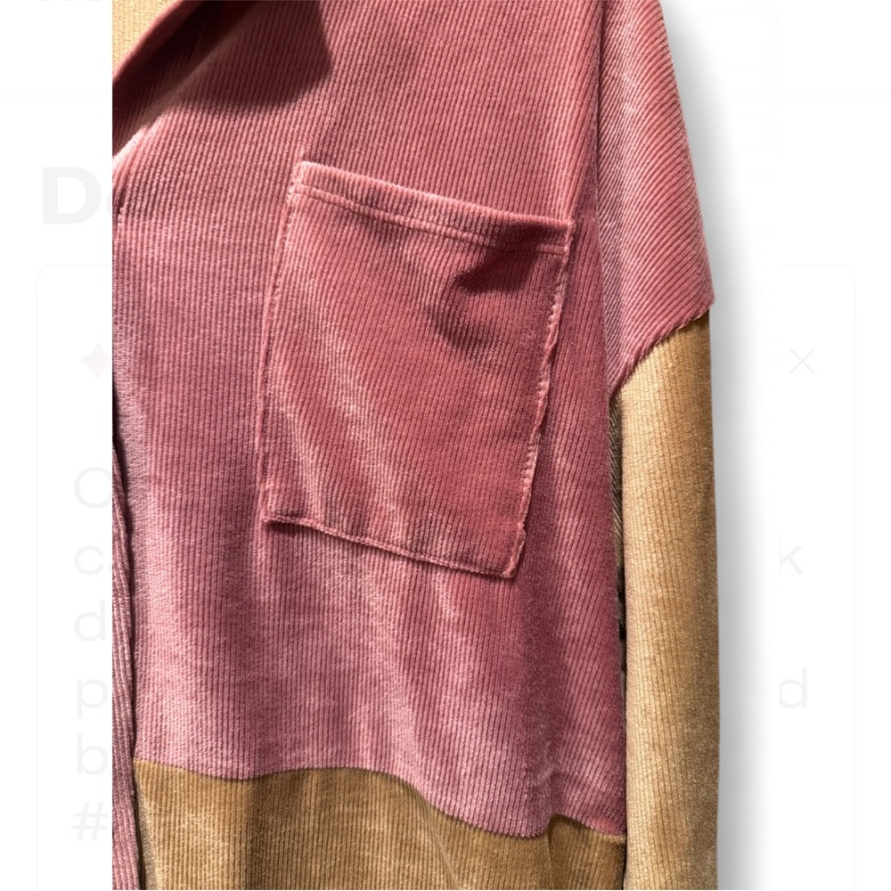 Colorblock/Patchwork Ribbed Velvet Button-Up Collared Shirt, size M - Picture 4 of 6
